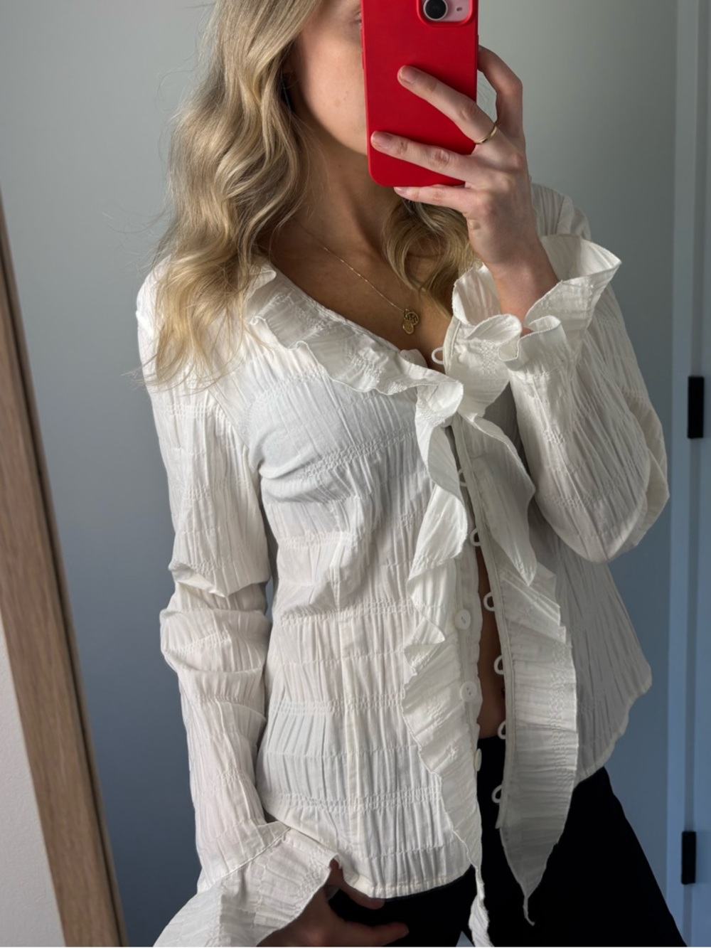 White Ruffle-Trim Button Front Blouse - Picture 5 of 5